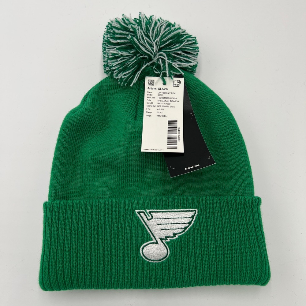 St. Louis Blues Beanie‎ Hat Pom Knit Adidas NHL Green St Patrick Cap